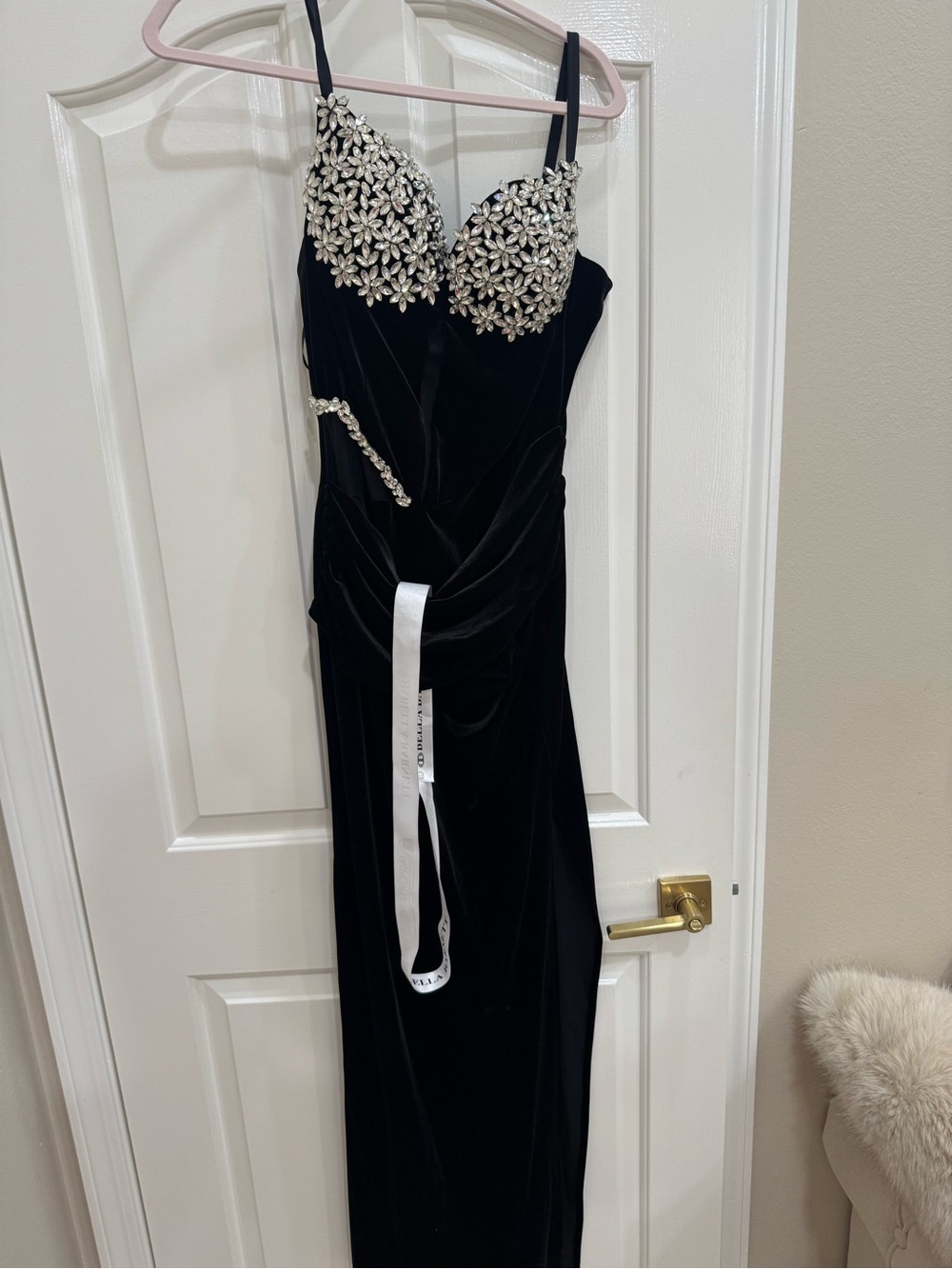 Black Velvet Prom Dress with Crystal-Embellished Bust